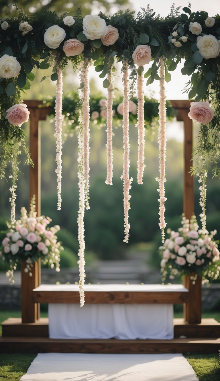 Wedding altar decorated with hanging floral arrangements of varied lengths in an outdoor garden setting.